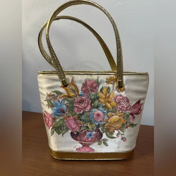 Vtg 50s 60s “Adrian’s of Palm Springs”Floral Embroidered Gold Accent Silk Purse - Picture 9 of 9